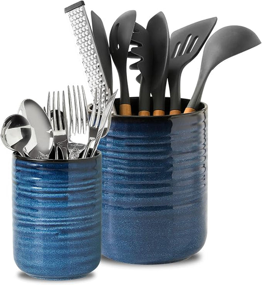 HASENSE Utensil Holder, 7.4” + 5.4” Ceramic Cooking Utensil Crock for Kitchen Counter, 2 Pack Utensil Caddy Utensil Organizer for Spatula and Spoon Kitchen Decor, Navy Blue
