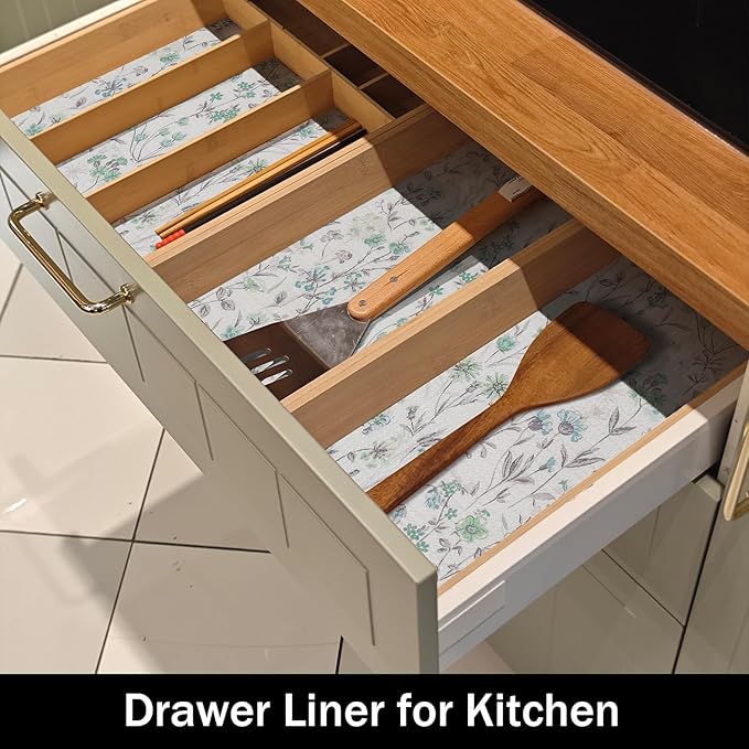 Amiitay Blue and Green Floral Shelf Liners Non Adhesive and 12IN x 20FT Strong Non-Slip Shelf and Drawer Liners for Kitchen Cabinet Wire Fridge, Waterproof Shelf Drawer Liner,Easy to Clean