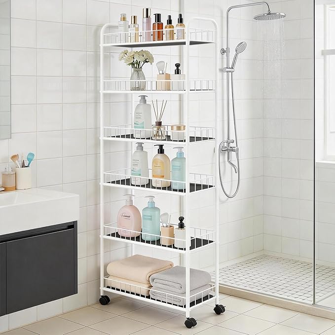 10in Slim Storage Cart, 6-Tier Narrow Rolling Shelf，Sturdy Slim Storage Ideal for Kitchen, Bathroom, and Laundry Room, Black (10in White)
