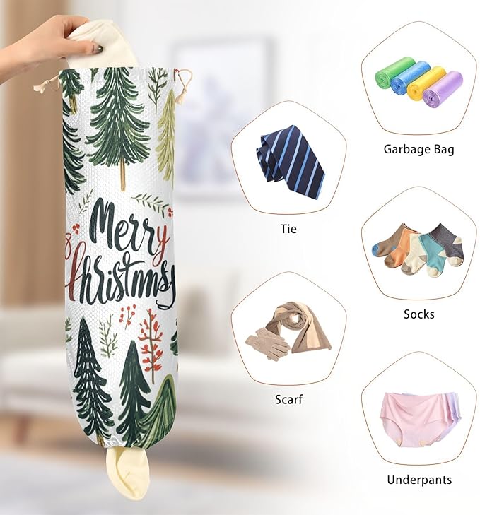 Plastic Bag Holder Wall Mount Grocery Bag Shopping Bag Storage Holder Organizer Dispenser with Adhesive Hook,for Kitchen Bathroom Home Decor 9x22 Inches Green Pine Trees35