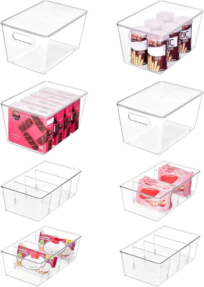 Vtopmart 8 Pack Clear Plastic Storage Bins Set, 4 Large Pantry Organizer Bins with Lids & Handles and 4 Medium Snack Organizer Bins with 4-Compartment for Pantry, Kitchen, Fridge, Cabinet Organization