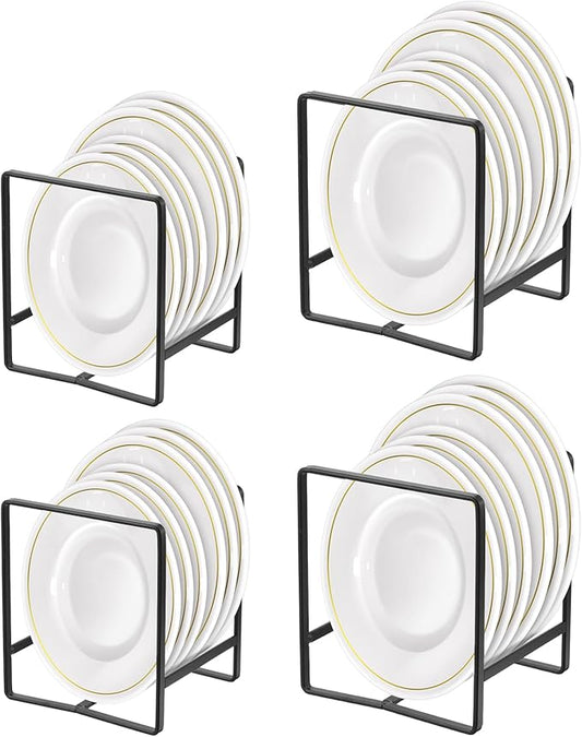 4 Pack Kitchen Plate Organizer for Cabinet, Space Saver Metal Dish Plate Storage Rack Upright Plate Dish Drying Racks Stand for Cupboard and Countertop, 2 Large & 2 Small Black