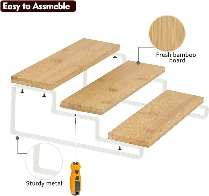 2 Pack Expandable Spice Rack Organizer for Cabinet – 3 Tier Wood & Metal Shelf Spice Rack, Adjustable Seasoning Organizer for Kitchen Counter, Pantry or Bathroom Storage, White Frame