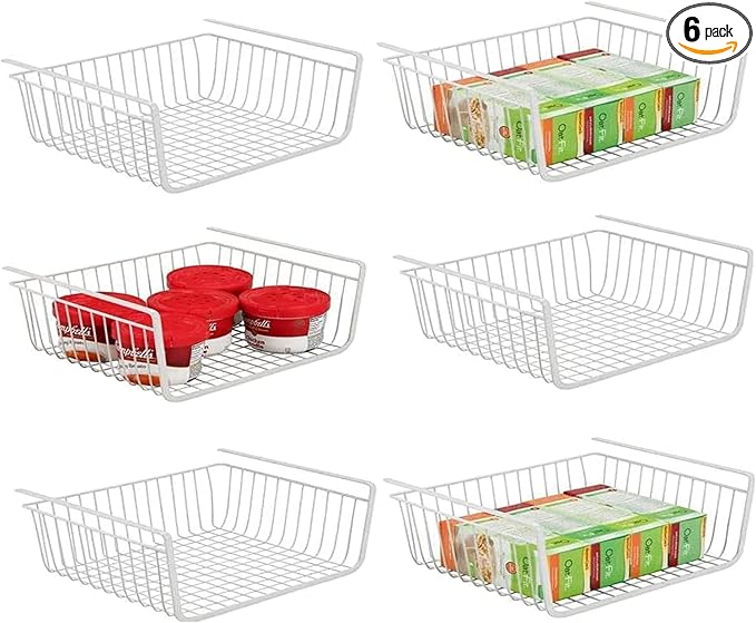 6 PACK Hanging Under Shelf Storage Basket Kitchen Cabinet Organizer Storage, Slides Under Wire Shelves for Counter Pantry Desk Bookshelf, White