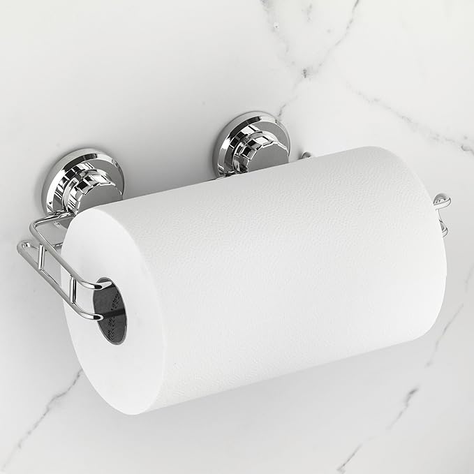 HASKO Suction Cup Paper Towel Holder, Wall Mount Metal Organizer for Bathroom & Kitchen, SUS 304 Stainless Steel Tissue Roll Hanger, Includes Optional No Drill Adhesive Mount, Silver