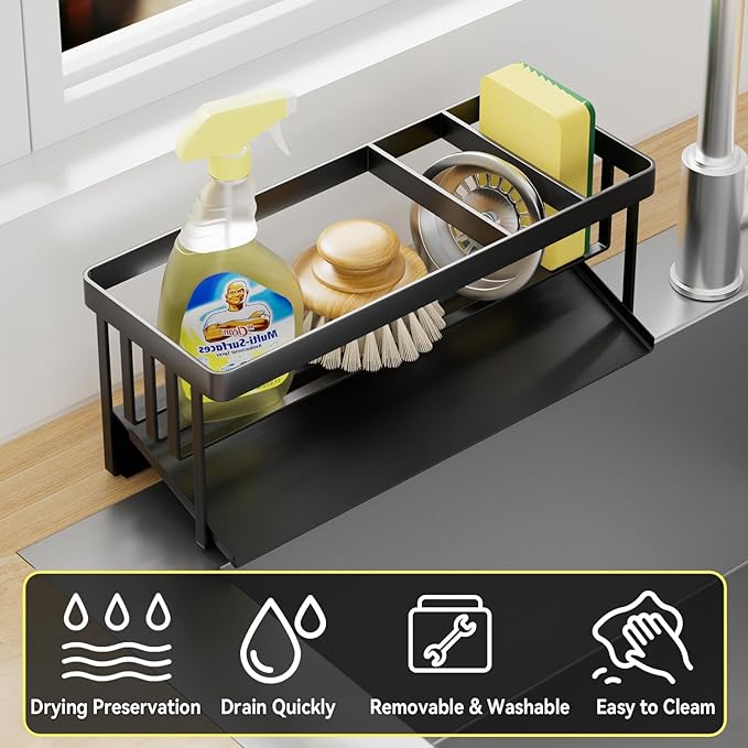 Kitchen Sink Caddy Organzier with Sponge Holder and Removable Drip Tray for Kitchen Sink, 304 Stainless Steel Organize for Sponge Soap Dish Brush Storage Accessories(Black