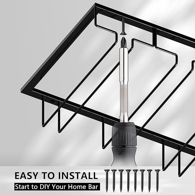 8-Row Wine Glass Rack Under Cabinet, 31 inch Stemware Hanger under Shelf, Large Capacity Glasses Storage for Bars and Kitchen Counters