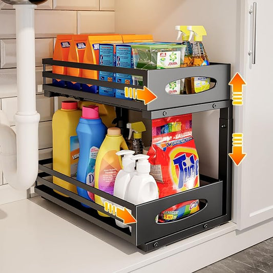 Under Sink Organizer, 2 Tier Under Sink Organizers and Storage, Adjustable Height, Slide out Metal Cabinet Organizers, Pull out Cabinet Storage Drawer Shelf for Kitchen Bathroom