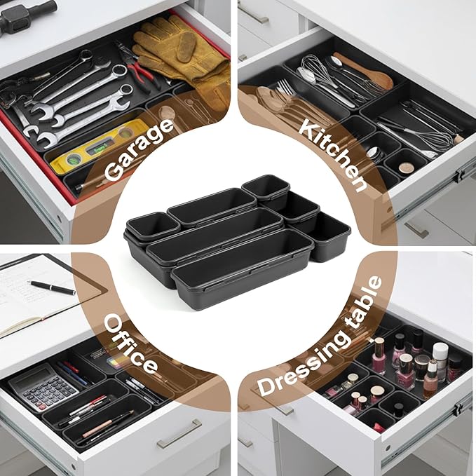 9 Pcs Stackable Drawer Organizer Trays Set, Multifunctional Storage Trays for Vanity, Bathroom, Kitchen, Office, Multi-size Durable Plastic Desk Drawer Organizer Bins, Custom Layout Design