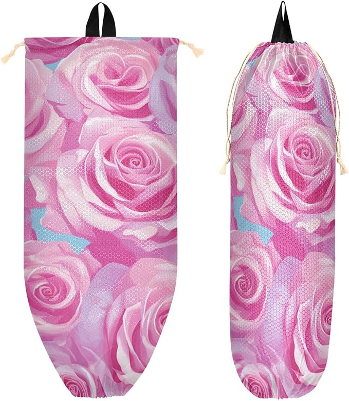Plastic Bag Holder Wall Mount Grocery Bag Shopping Bag Storage Holder Organizer Dispenser with Adhesive Hook,for Kitchen Bathroom Home Decor 9x22 Inches Watercolor Roses Pink29