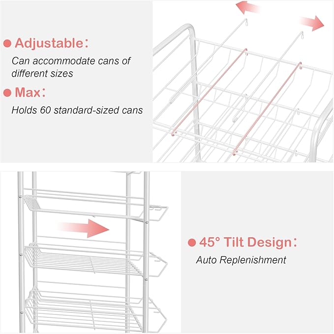 smusei Can Rack Organizer for Pantry 5 Tier Adjustable Soda Can Dispenser Holds up to 60 Cans Can Storage Organizer Pantry for Cabinet Canned Foods and Drinks, White
