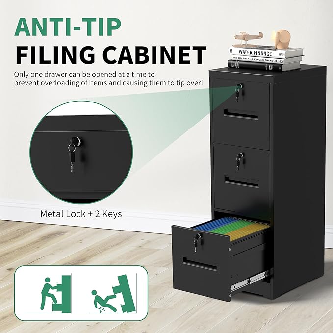 File Cabinet 3 Drawer with Lock, Vertical Filing Cabinets for Home Office, Metal Steel Storage Cabinet for Letter/Legal Size File, Assembly Required(Black)