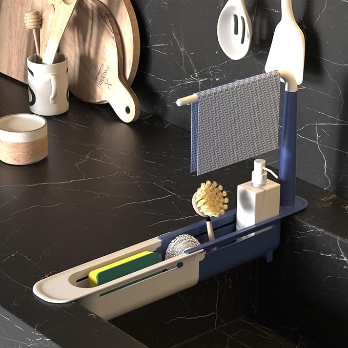 Telescopic Sink Storage Rack with 2 Sponge - Sink Caddy Sponge Holder for kitchen sink(Blue)