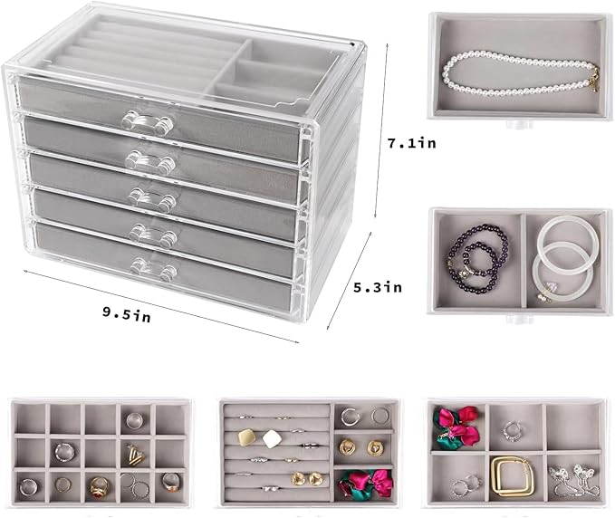 Clear Jewelry Organizer with 5 Drawers, Earring Organizer Jewelry Boxes for Women, Acrylic Earrings Display Holder for Storing Necklaces Earrings Rings, Grey