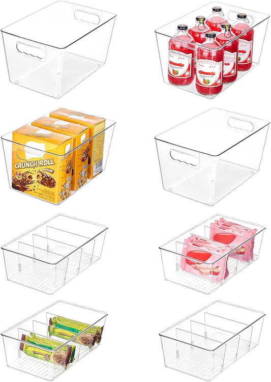Vtopmart 8 Pack Clear Plastic Storage Bins Set, 4 Large Pantry Organizer Bins with Handle and 4 Medium Snack Organizer Bins with 4-Compartment for Pantry, Kitchen, Fridge, Cabinet Organization