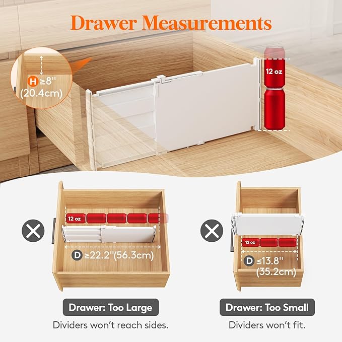 Lifewit 8" High 8 Pack Deep Drawer Dividers, 13.8-22.5" Adjustable Dresser Drawer Divider, White Drawer Organizer for Clothes, Tall Drawers Separators for Dresser, Kitchen, Bedroom, Cabinet, Office