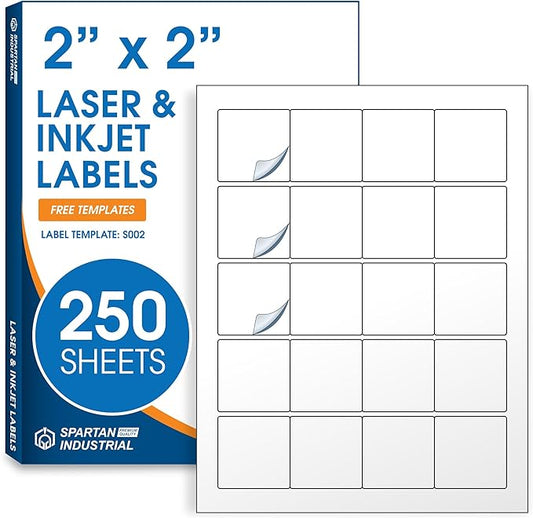 2" X 2" Square Printable Labels for Inkjet and Laser Printers - 250 Sheets, 5000 Matte White Custom Stickers for Business Logos, QR Code Stickers, Product Labeling - Spartan Industrial Template S002