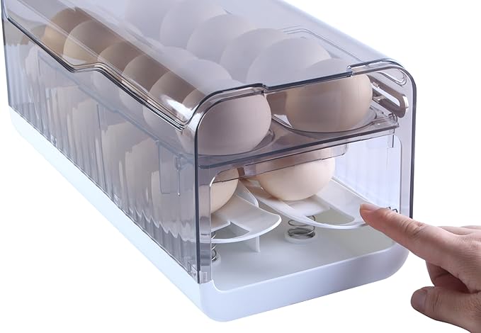 Sansam Egg Holder for Fridge, Automatic Rolling Egg Organizer for Refrigerator, Plastic Egg Container & Tray, Stackable Dispenser and Storage Bin with Sturdy Lid to Saving Space (Grey)
