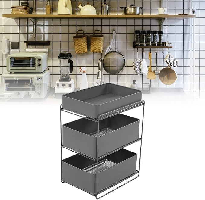 Under Kitchen Sink Organizer 3 Tier Under Sink Organizer with Sliding Storage Drawer Space Saving Steel Pull Out Shelf Large Capacity Under Bathroom Cabinet Organizer for