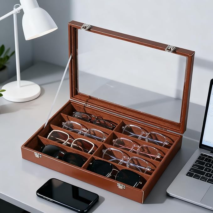 Glasses Holder Box Drawer Sunglass Organizer for Men Clear Wide Storage Case 8 Slots Multiple Reading Glasses Display, Brown Leather With Clear Glass Lid