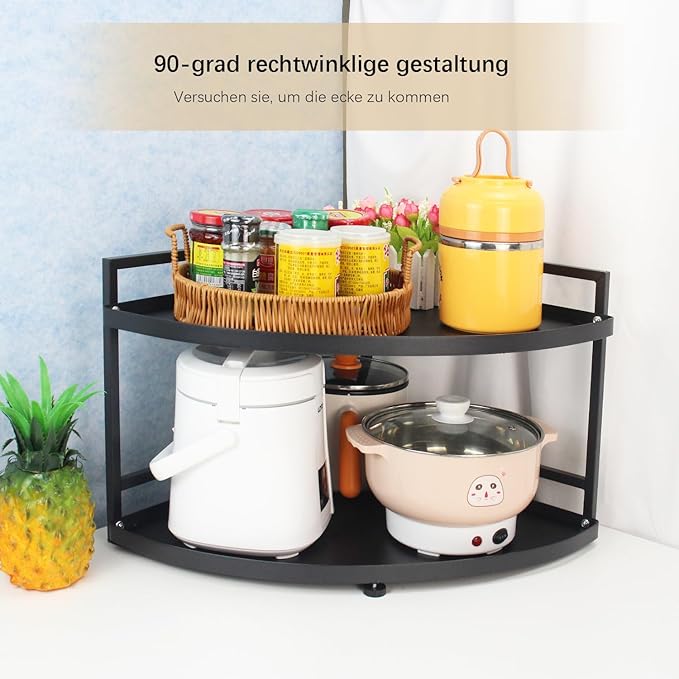 HUIJIN 2 Tier 90°Corner Shelf for Kitchen - Space-Saving Spice Rack, Pot & Pan Organizer, Under Sink Storage - Sturdy Iron Tiered Shelves RA07 [H30/W40]
