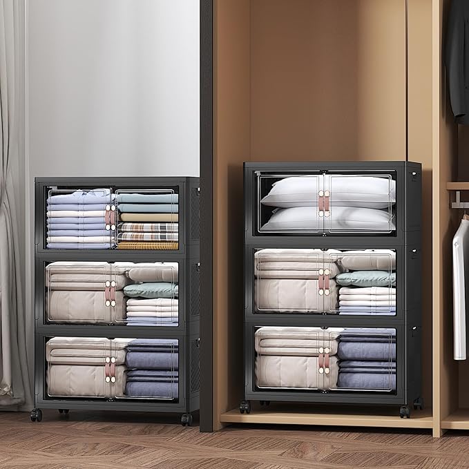 VNVTO 720Qt Stackable Storage Bins with Lids, 6 Pack Large Collapsible Bins with Wheels, Plastic Cabinet with Doors, Foldable Closet Organizers and Storage for Home, Dorm, Office, Black