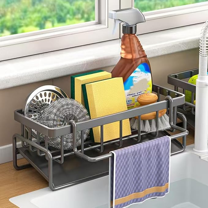 Kitchen Sink Caddy Organiser with Self Draining Tray, Sponge Holder, Brush Holder, Dish Soap Holder, Carbon Steel