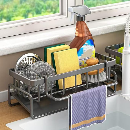 Kitchen Sink Caddy Organiser with Self Draining Tray, Sponge Holder, Brush Holder, Dish Soap Holder, Carbon Steel