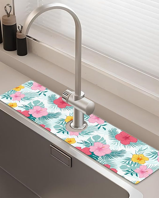 Patterned Sink Faucet Mat Kitchen Splash Guard Super Absorbent Drying Mat, Non-Slip Drain Pad for Kitchen Counter or Bathroom-24x5.5in