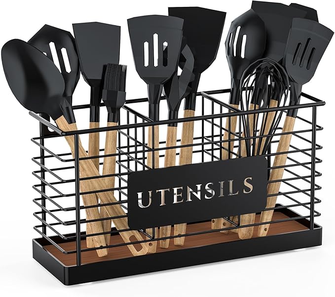 THYGIFTREE Utensil Holder for Kitchen Counter Large Black Metal Cooking Utensil Organizer 3 Compartments for Countertop Kitchen Tool Spatula Holder Wood Base