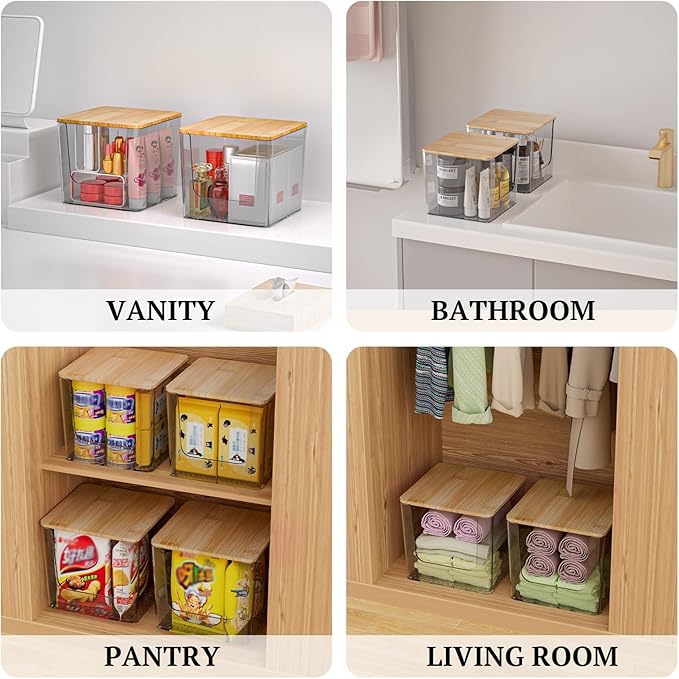 2 Pack Stackable Pantry Kitchen Counter Organizer, Food Storage Containers with Bamboo Lids, or Plastic Storage Bins for Onion, Patato, Snack, Vegetables, Face Towel (Clear)