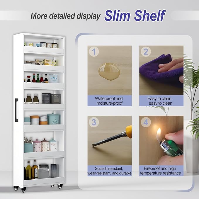 7-Tier Slim Storage Cart, Wooden Rolling Pantry Cabinet with Wheels, Narrow Shelf Organizer for Kitchen, Bakers Rack, Dining Room, Closet, Small Spaces Dark Walnut 47.2" H*5.9" W*23.6" D