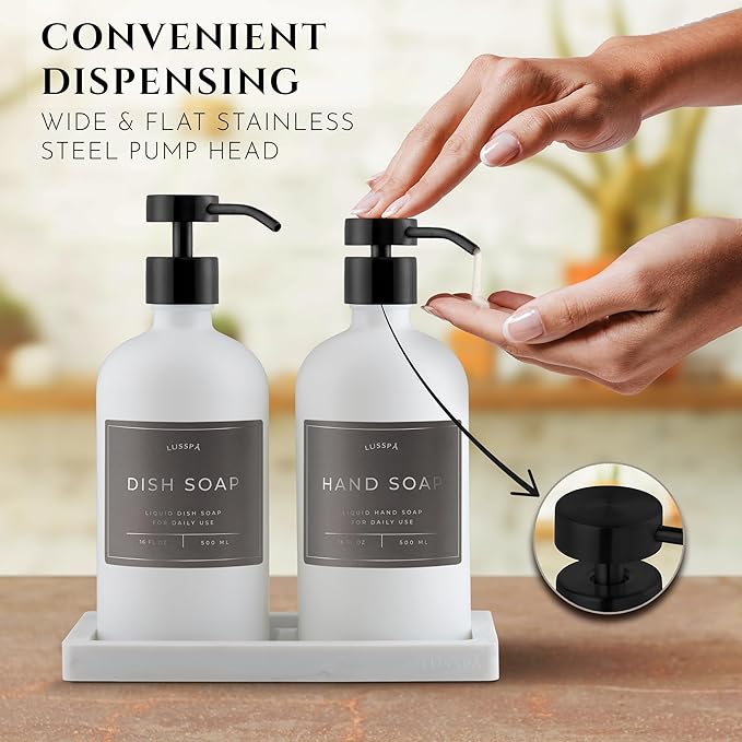 Lotion, Hand & Dish Soap Dispenser for Kitchen & Bathroom | Soap Dispenser Set of 2 16.8 Oz Glass Bottles with Stainless Steel Pump, 15 Water Proof Labels & Silicon Tray (White/Black)