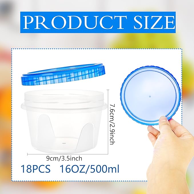 Conagel 18 Pack 16 oz Freezer Storage Containers with Screw Lids Plastic Leakproof Stackable Clear Storage Containers for Food Soup Fruit Oats