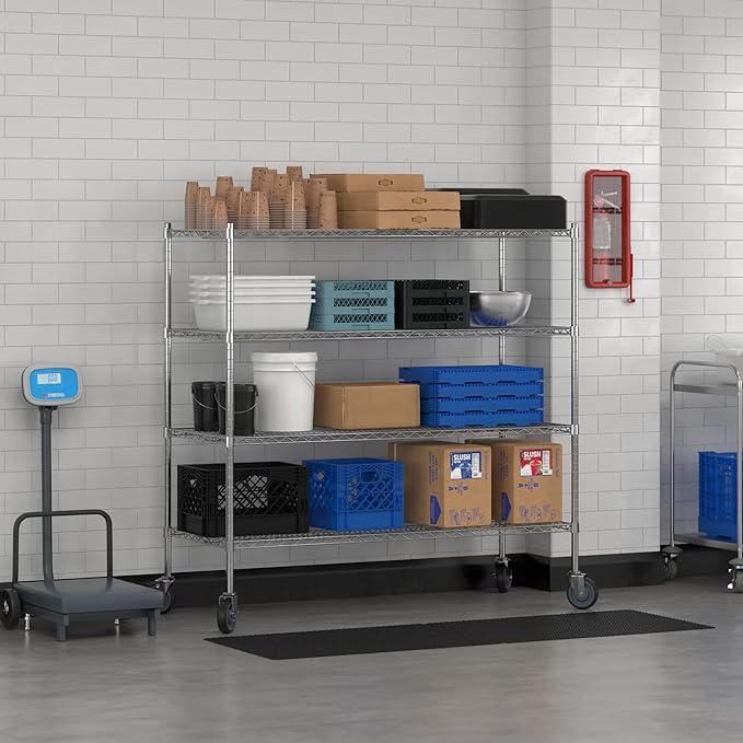 Commercial NSF Listed Chrome Mobile Wire Shelving Kit 24" x 60" x 60", with 4 Shelves Perfect for Warehouse, Walk-in Refrigerator, Freezer, Grocery Store, Restaurant, Dishroom