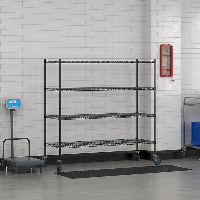 Commercial NSF Listed Black Epoxy Mobile Wire Shelving Kit 21" x 60" x 60", with 4 Shelves Perfect for Warehouse, Walk-in Refrigerator, Freezer, Grocery Store, Restaurant, Dishroom