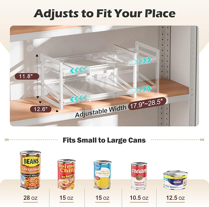 iSPECLE Extendable Can Organizer for Pantry, Adjustable Width Can Storage Organizer for 48 Cans, Heavy Duty Auto Rolling Dispenser Rack, Stackable Metal Holder for Soup Spices Snacks, White