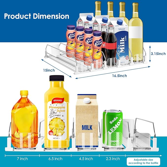 asika Drink Organizer for Fridge, Adjustable Width Soda Can Dispenser for Refrigerator Organizers and Storage, 5 Rows Beer Bottle Beverage Holder with Pusher Glide (16.54" L, White)