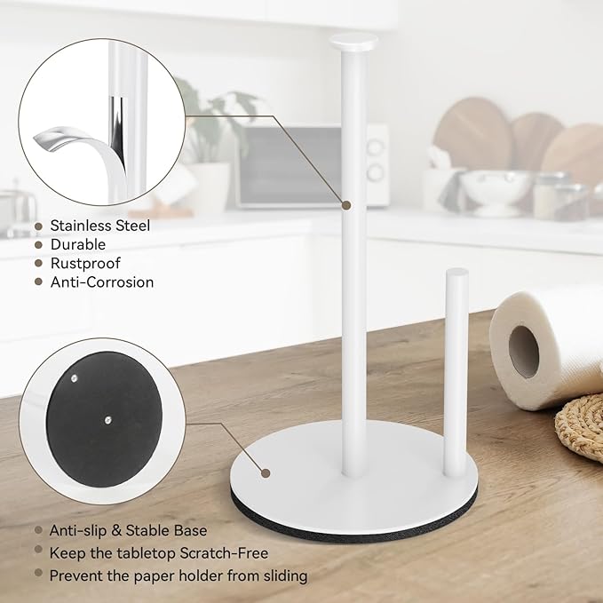Paper Towel Holder Countertop, White Kitchen Roll Holder Stand for Kitchen and Bathroom Organization, Weighted Stainless Steel Paper Towel Holders for Standard and Large Rolls