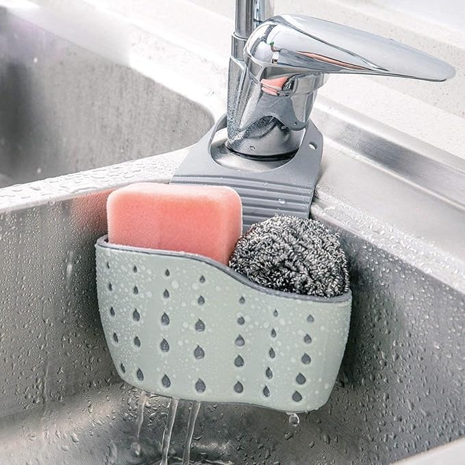 Kitchen Sink Caddy - Silicone Plastic Soap Sponge Holder - BPA-free Rack - Faucet Caddy with Drain Holes for Drying - Adjustable Hanging Strap (Light Green)