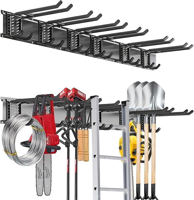 Garage Tool Organizer Wall Mount, 48 inch Garage Wall Organizer, 480lbs Sturdy Garden Tool Organizer with 6 Adjustable Hooks, for Yard, Shed, Basement, Workshop(Black)