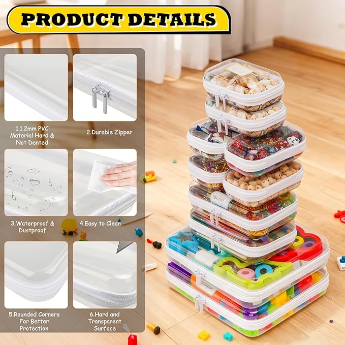AOBOPLE 10 Pack Clear Hard Shell Zipper Case,Waterproof Toiletry Cosmetic Bag,Toy Organizers and Storage Box,Diaper Bag Organizer,Pencil Case,Clear Plastic Zipper Pouches for Office Home Storage