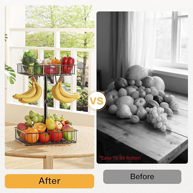 4-Level Adjustable Height Fruit Basket for Kitchen Countertop, 2-Tier Fruit Bowl with Removable Banana Hooks, Kitchen Organizer for Banana, Vegetable, and Snack Storage