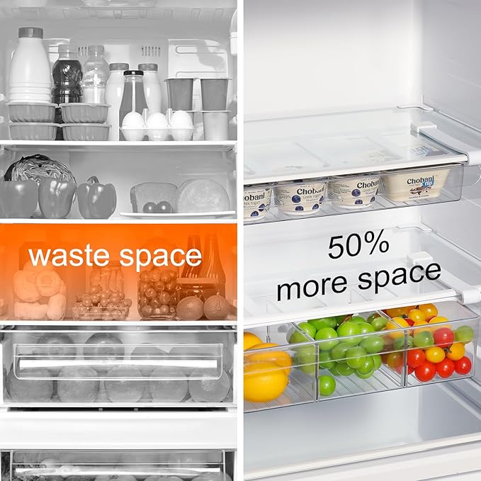 Bronkeeper Pull-Out Fridge Drawer Organizer - Under Shelf Storage Bins for Refrigerator Organization for Fruits Vegetables, Cheese & Deli (Tall & Wide with dividers)