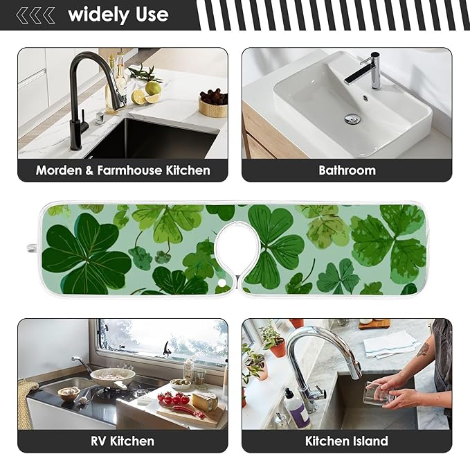 2 PCS Kitchen Sink Splash Guard 14.9 Inch Faucet Mat for Kitchen Sink Bathroom Sink Faucet Absorbing Drip Drain Mat Pad Microfiber Soft Washable Green St Patrick Clovers
