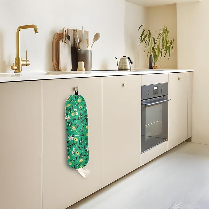 2 PCS Plastic Bag Holder - Wall Mount Grocery & Trash Bag Storage Organizer - 22 x 9 Inch - Small Flowers - Green