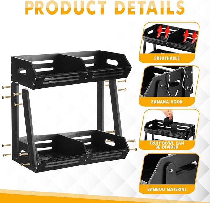 2 Tier Fruit Basket for Kitchen Counter Fruit Storage Large Black Wood Vegetables Basket with Banana Hooks Bowl Stand Holder Snack Organizer Countertop Onion Bread Pantry
