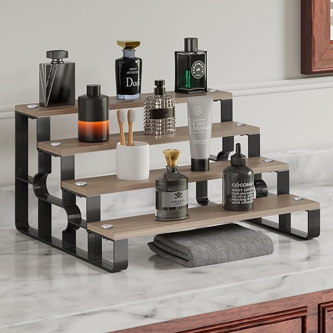 Perfume Stand for Men,4 Tier Cologne Organizer,Display Shelf Stands for Dresser,Wooden Shelf Display Risers for Party,Makeup,Figures,Cupcake,Dessert(Walnut,Width=14")
