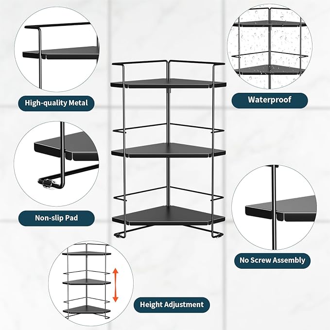 BOIVSHI 3-Tier Bathroom Organizer, Bathroom Counter Organizer, Bathroom Organizers and Storage for Bathroom, Kitchen Counter, Corner Storage Shelf for Bedroom Storage Makeup Skincare Perfume (Black)
