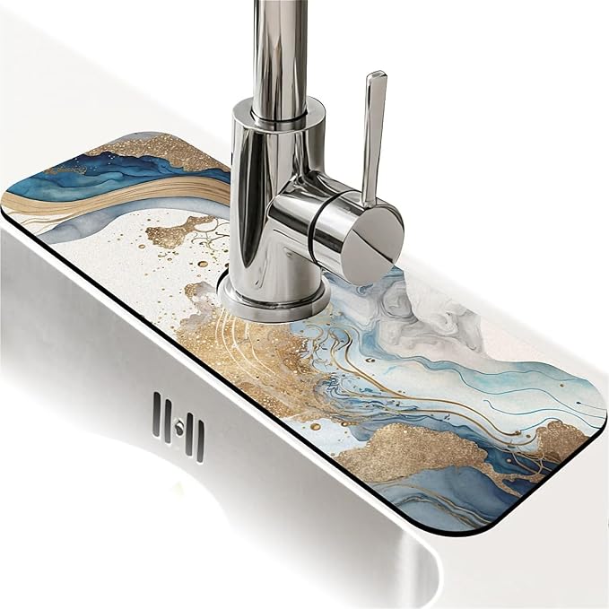 Kitchen Sink Splash Guard，Natural blue and gold marble Faucet Mat Sink Gadgets-Super Absorbent Fast Drying Mat Drip Catcher for Kitchen, Bathroom,Sink Mat, Dish Drying Mat, Bathroom(15" X 5.5" )